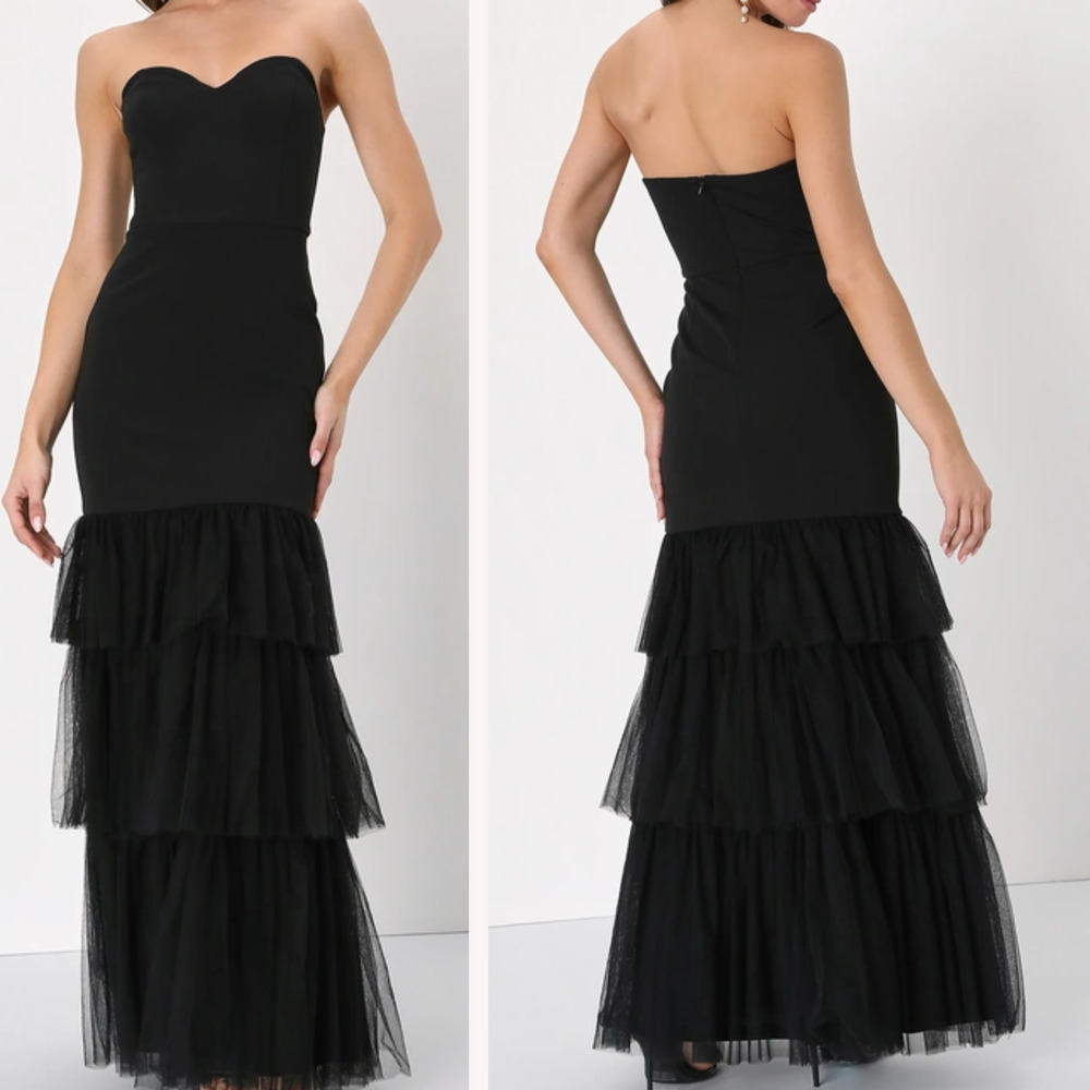 LULU'S  SZ S Dramatic Fanatic Black Strapless Tulle Trumpet Maxi Dress NEW B42